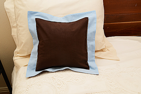 Pillow Sham. BROWN with BABY BLUE color border.12" Square